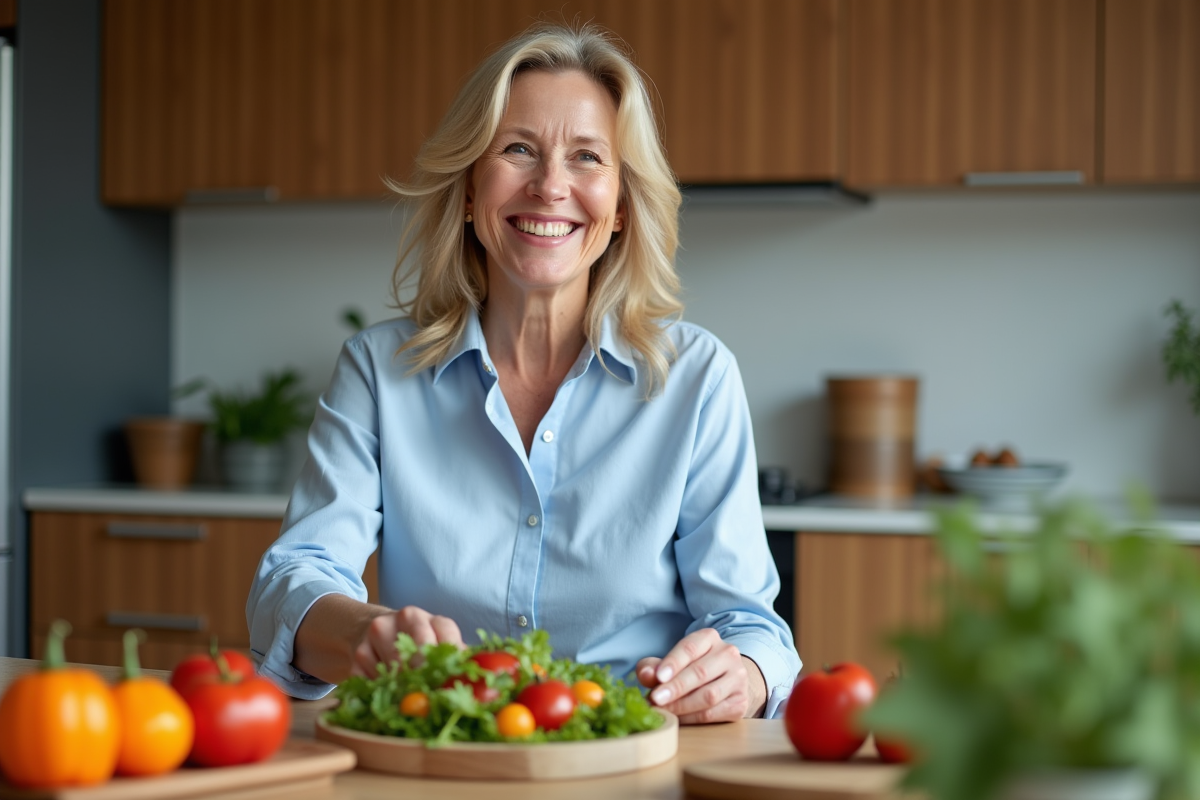 Femme souriante préparant une salade dans la cuisine