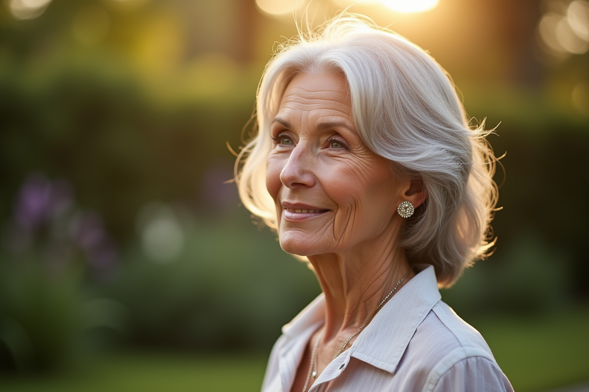 Femme de 70 ans dans un jardin ensoleille