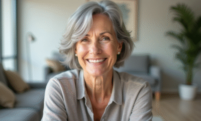 Femme de 70 ans souriante dans un salon lumineux