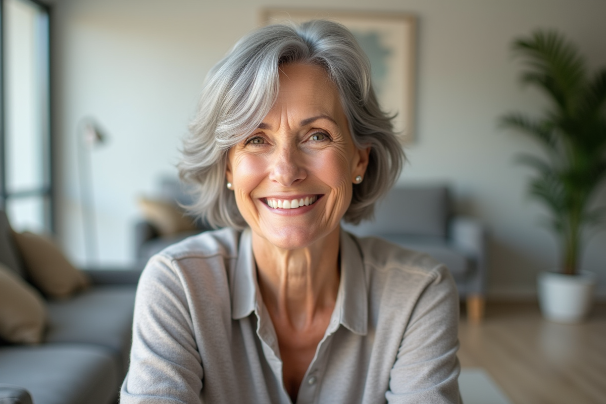 Femme de 70 ans souriante dans un salon lumineux