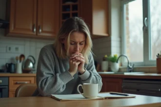 Femme épuisée assise seule à la table de cuisine, tenant une tasse, symbolisant la préparation face à un partenaire narcissique pervers
