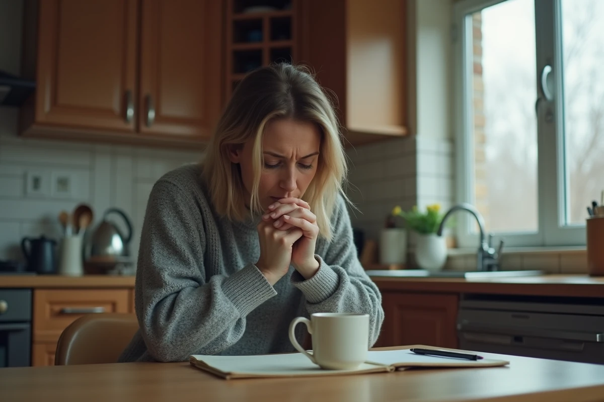 Femme épuisée assise seule à la table de cuisine, tenant une tasse, symbolisant la préparation face à un partenaire narcissique pervers