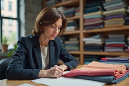 Femme examinant des échantillons de tissu dans un studio textile