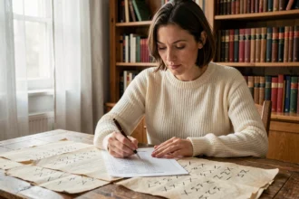 Femme consultant un tableau de conversion des chiffres romains manuscrit sur parchemin à un bureau en bois