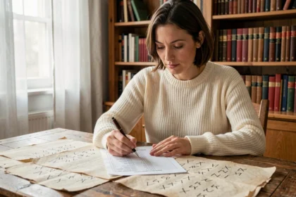 Femme consultant un tableau de conversion des chiffres romains manuscrit sur parchemin à un bureau en bois