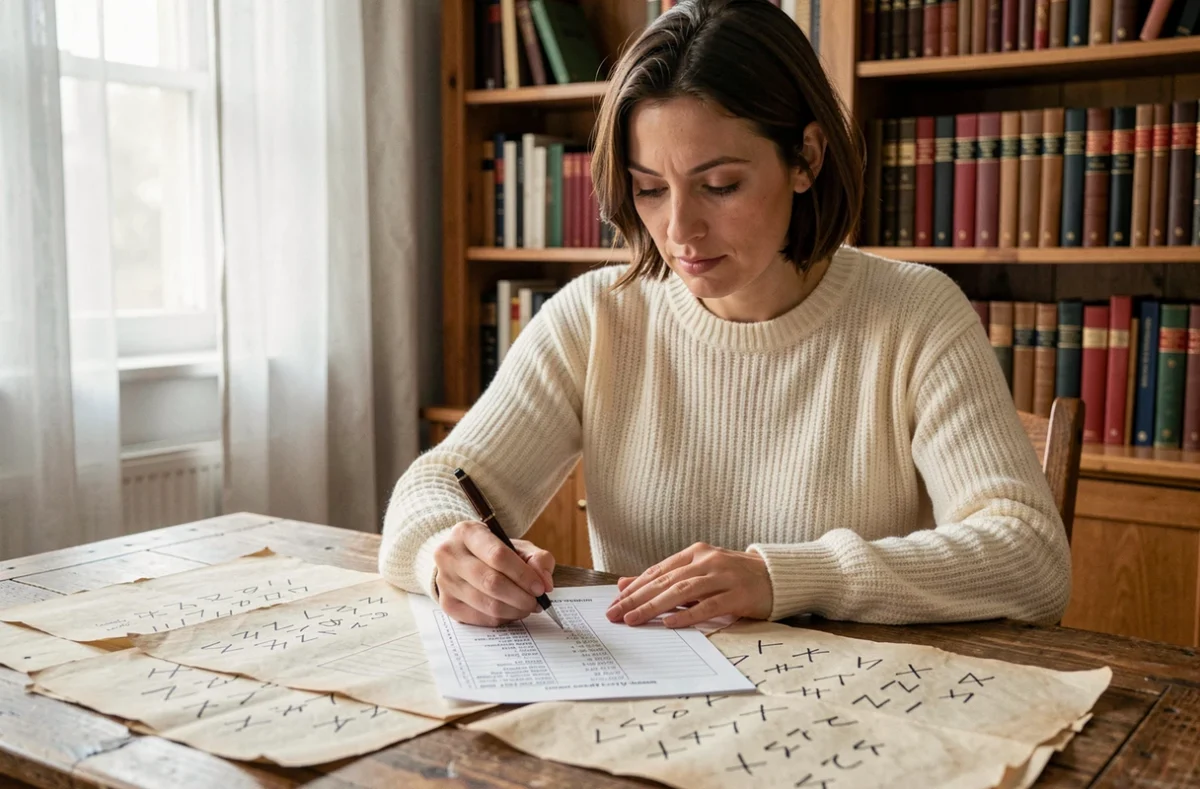 Femme consultant un tableau de conversion des chiffres romains manuscrit sur parchemin à un bureau en bois