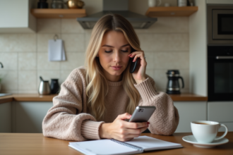 Femme au téléphone dans la cuisine moderne