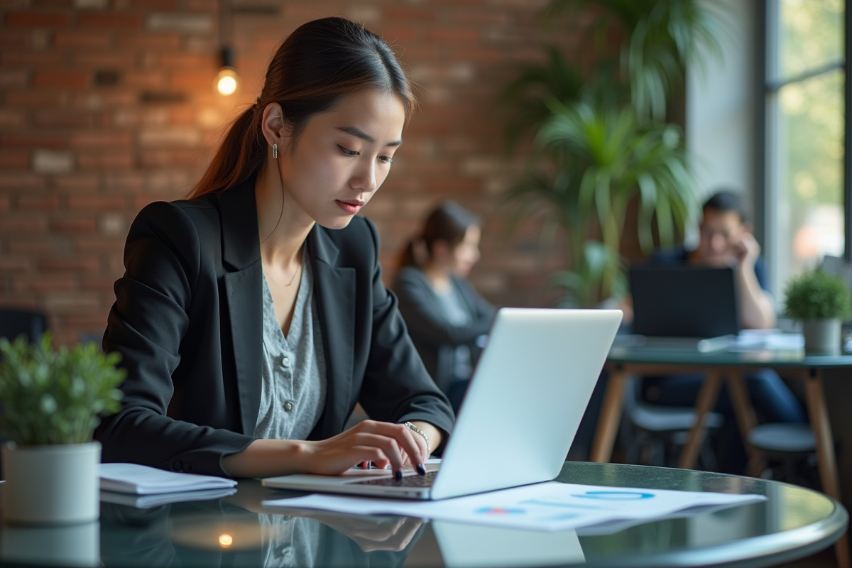 Jeune femme analysant des graphiques économiques
