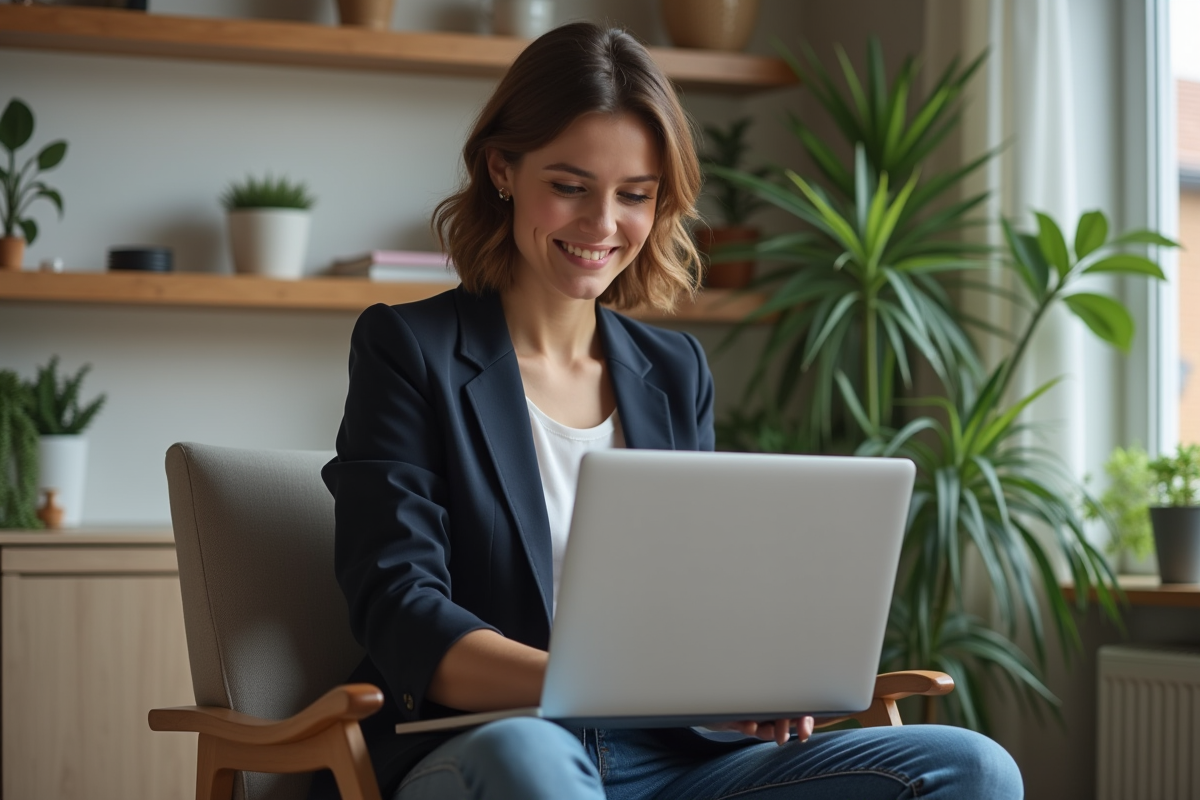 Jeune femme travaillant à son bureau à domicile
