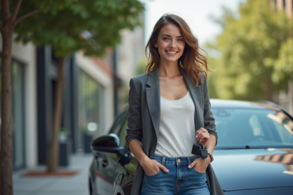 Femme souriante avec clés à côté d'une voiture en ville