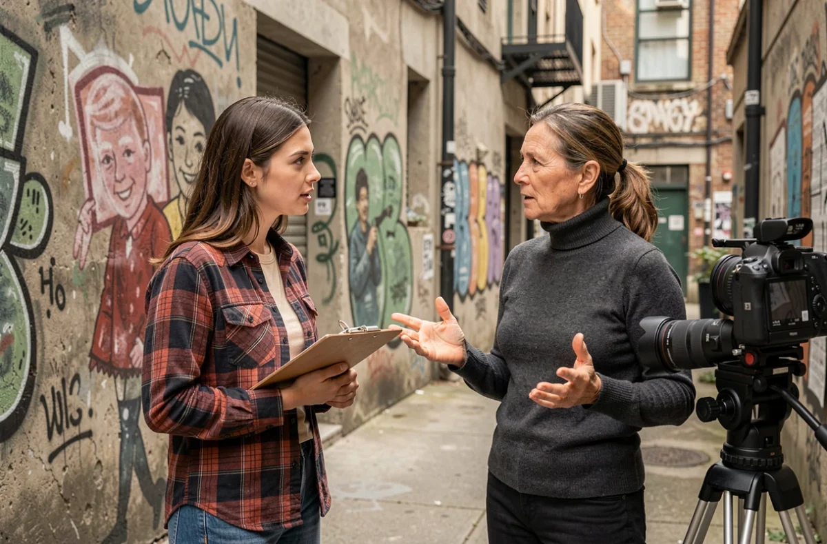Deux femmes cinéastes américaines en pleine collaboration créative dans une ruelle urbaine lors d'un tournage en décor naturel, échangeant autour d'une caméra