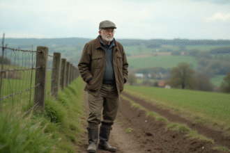 Vieux fermier français dans la campagne avec champs et fences