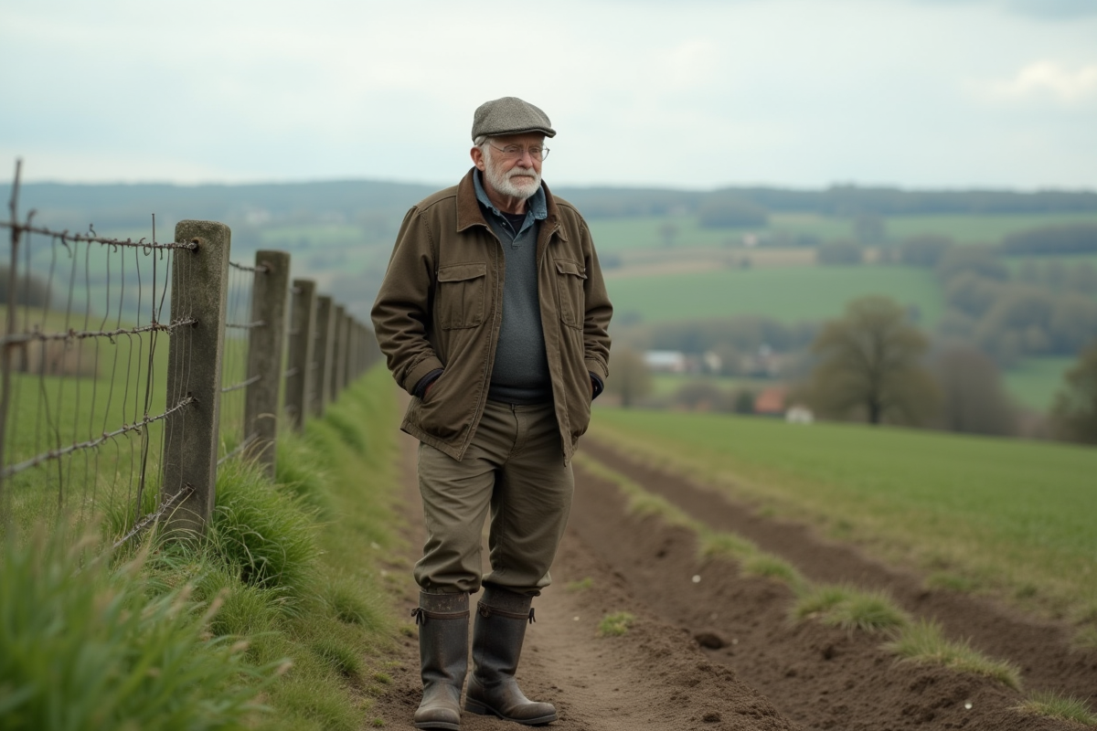 Vieux fermier français dans la campagne avec champs et fences