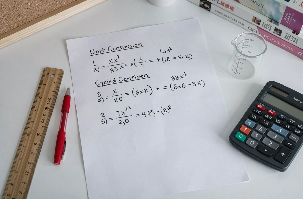 Vue de dessus d'une feuille de devoirs avec exercices de conversion litre cm3, calculatrice et règle sur un bureau d'élève