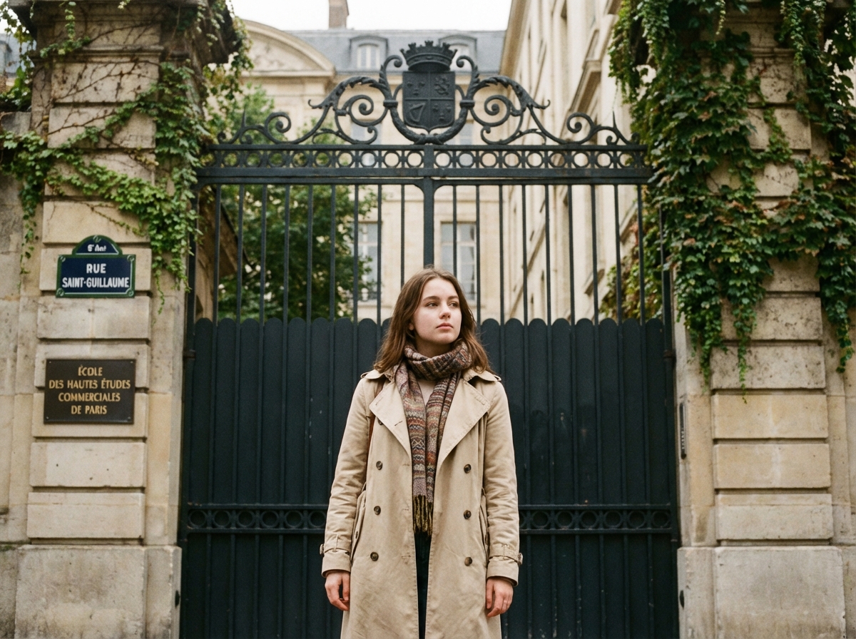 Jeune femme pensante devant une école de commerce parisienne