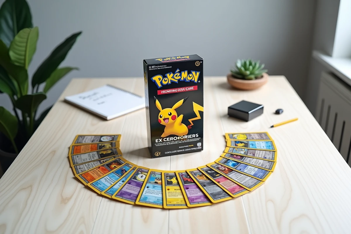 Flatlay éditorial d'un booster de l'extension Pokémon JCC Sortie Aventure Ensemble avec cartes déployées sur un bureau en bois