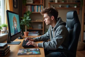 Jeune homme gamer concentré devant son ordinateur avec accessoires dofus