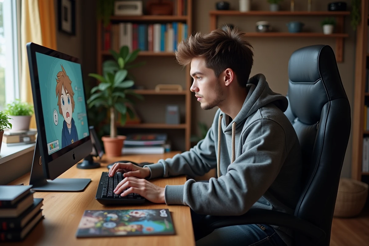 Jeune homme gamer concentré devant son ordinateur avec accessoires dofus