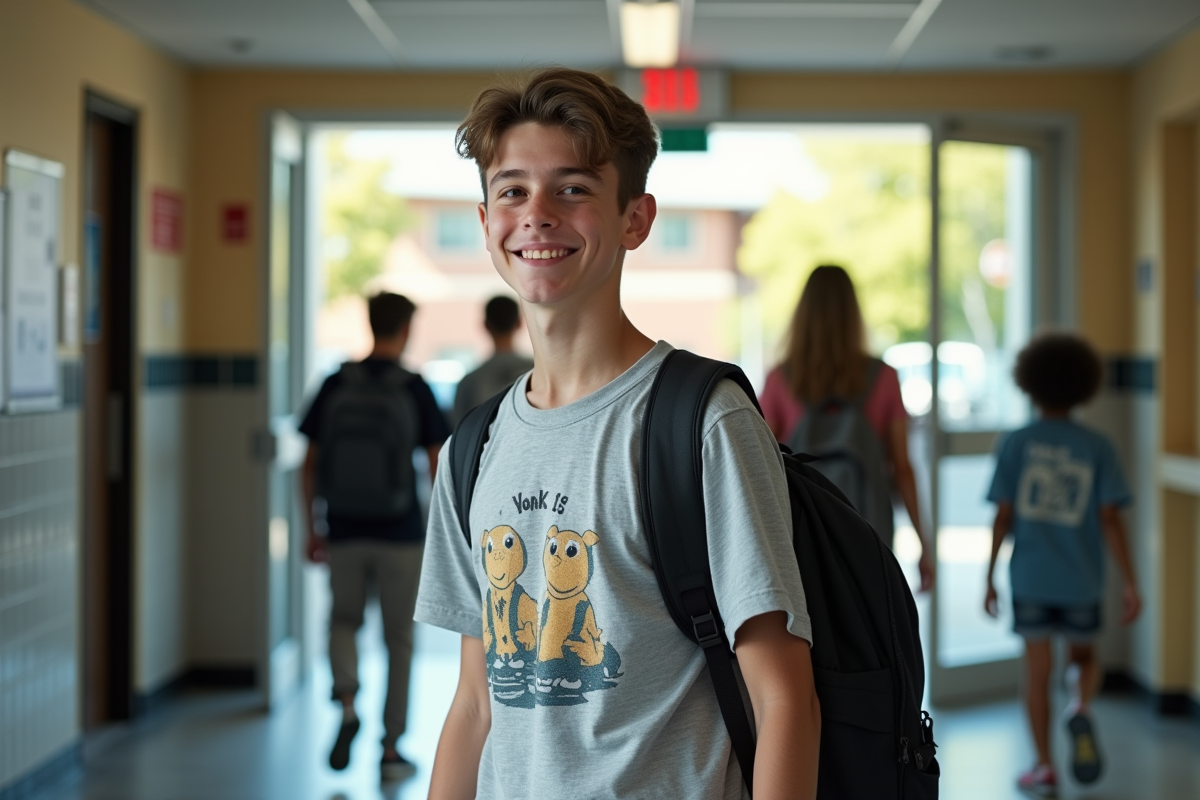 Garçon de 16 ans sortant de l école avec un sourire et un sac à dos