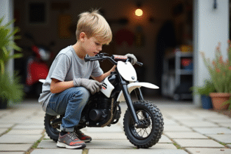 Jeune garçon vérifiant la chaîne d'un petit dirt bike en extérieur
