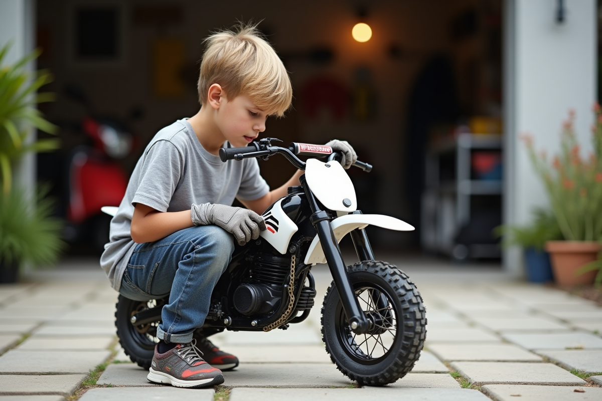 Jeune garçon vérifiant la chaîne d'un petit dirt bike en extérieur