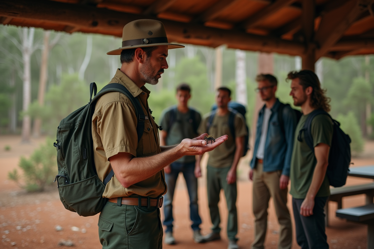 Gardien de parc montre une araignee huntsman à un groupe de randonneurs