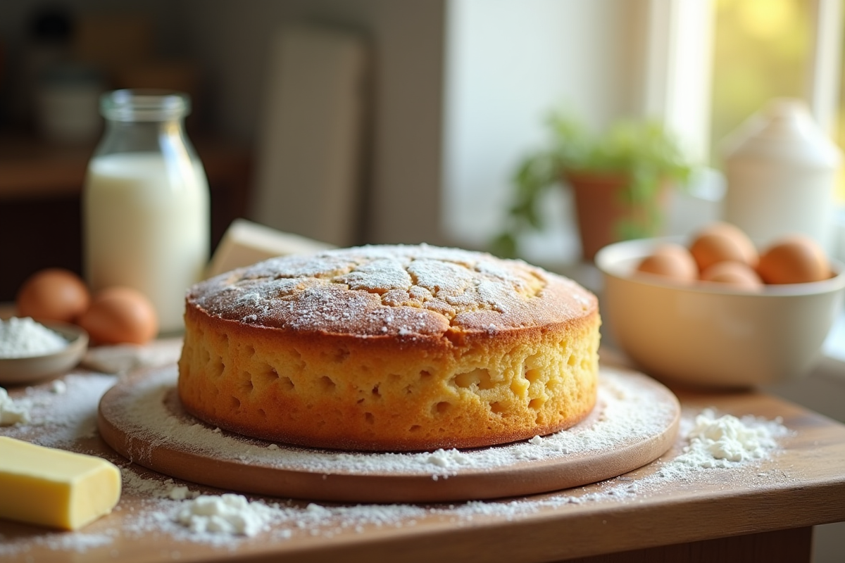 Gâteau nature frais sur une table en bois avec ingrédients