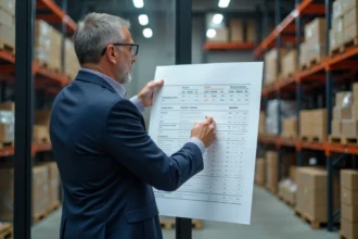 Manager logistique en costume vérifiant un graphique dans un entrepôt