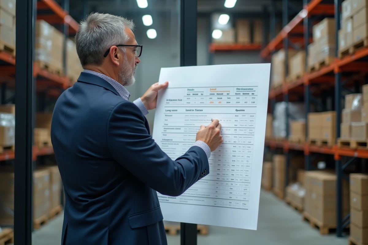 Manager logistique en costume vérifiant un graphique dans un entrepôt