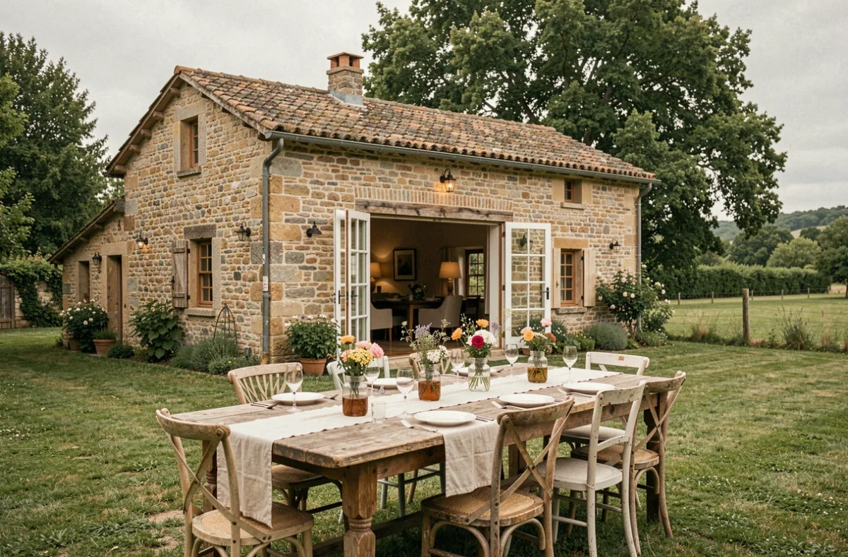 Gîte avec salle de réception en pierre dans le Rhône, grande table dressée pour un événement privé avec un jardin verdoyant autour