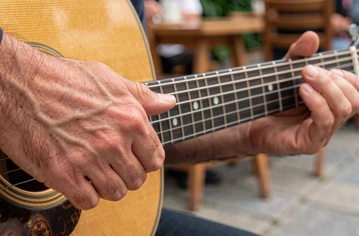 Gros plan des mains d'un guitariste formant un accord sur le manche d'une guitare acoustique