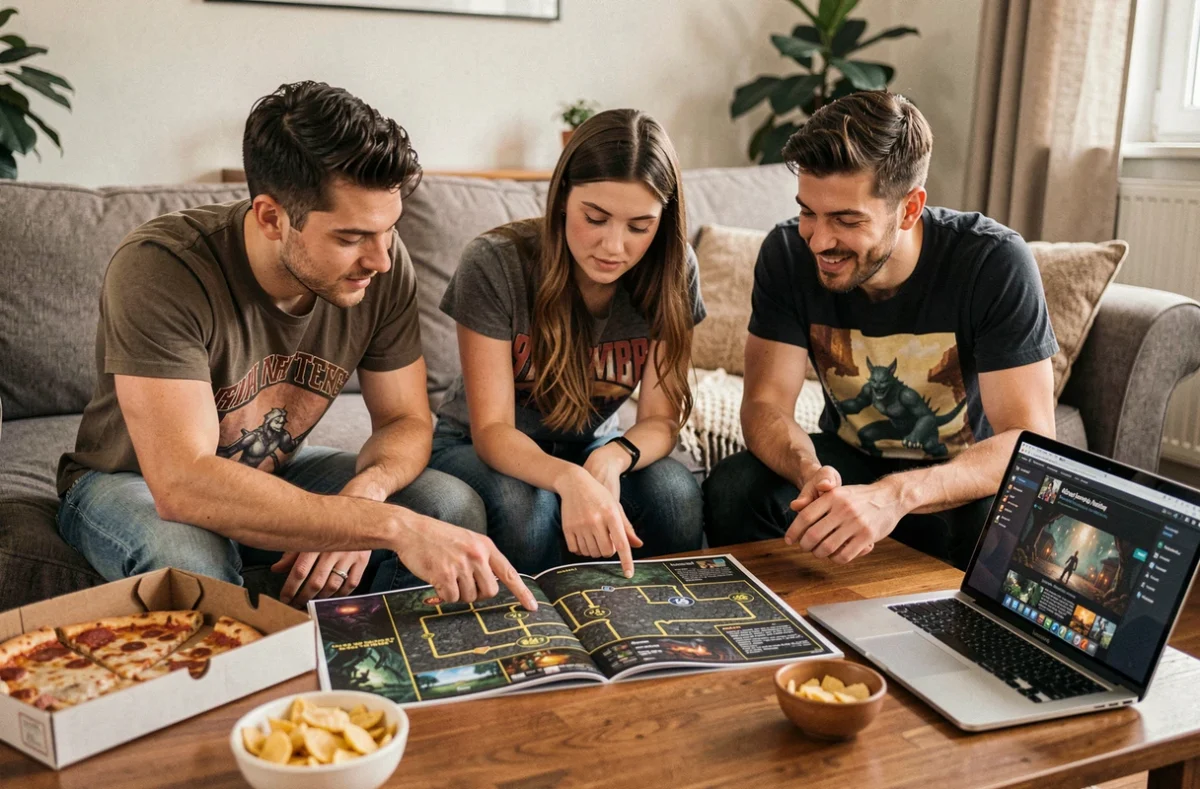 Groupe d'amis consultant un guide de chasse Dofus pour planifier le chemin optimal vers Frigost ensemble