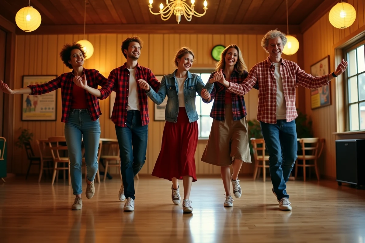 Groupe de danseurs en ligne pratiquant le madison dans une salle festive au plancher de bois poli