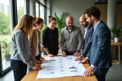 Groupe de cinq adultes autour d'un plan de développement durable