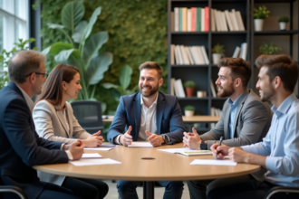 Groupe diversifié en réunion de travail en bureau