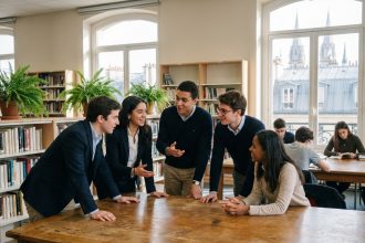 Groupe de jeunes adultes en discussion dans une salle moderne