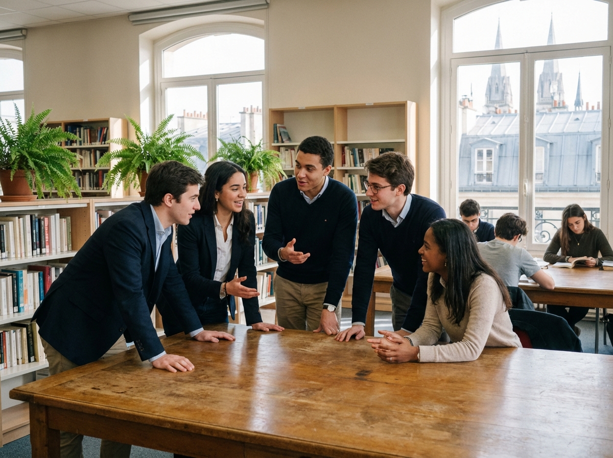 Groupe de jeunes adultes en discussion dans une salle moderne