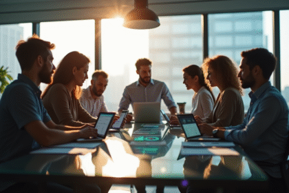 Groupe de professionnels dans un bureau moderne avec tableau blockchain