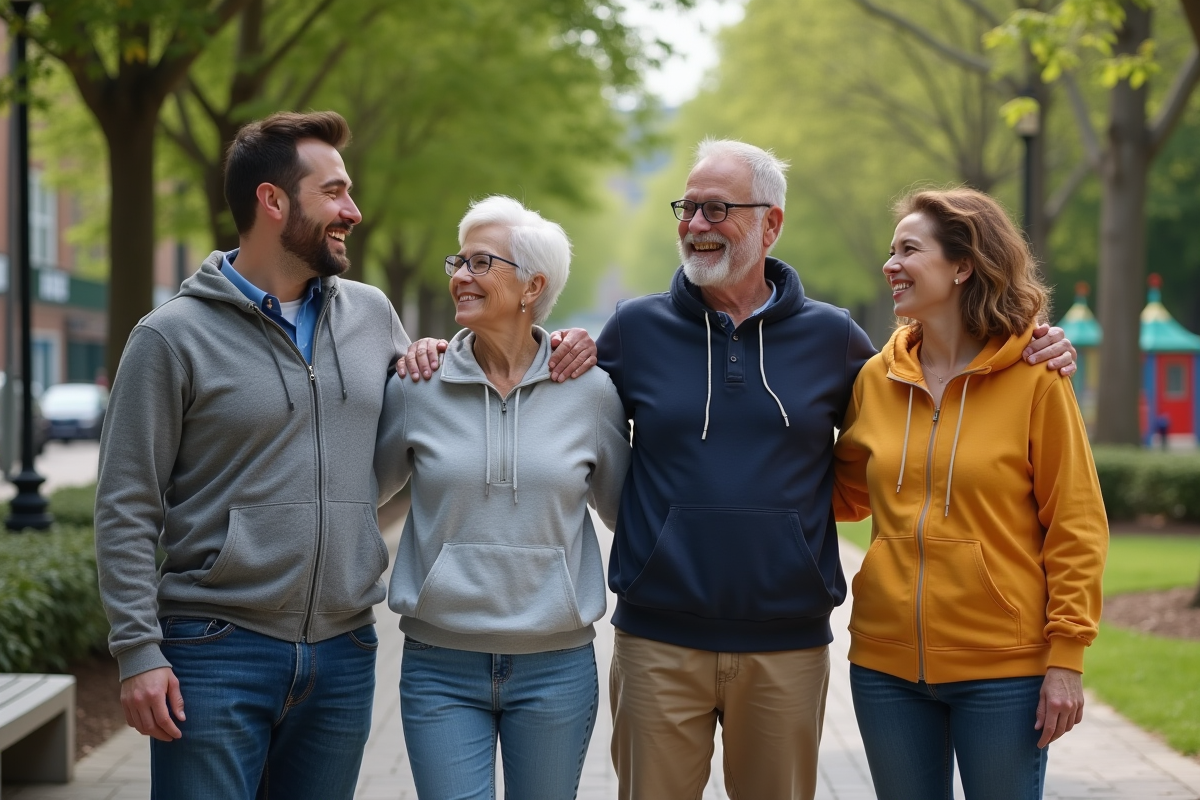 Groupe multigeneration dans un parc urbain en extérieur