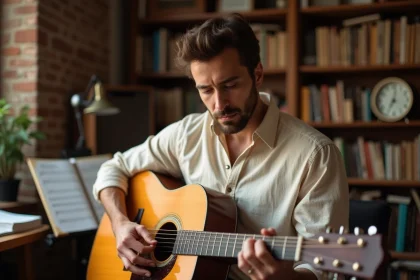 Guitariste acoustique étudiant les accords de Mistral Gagnant sur une partition manuscrite dans un studio maison chaleureux