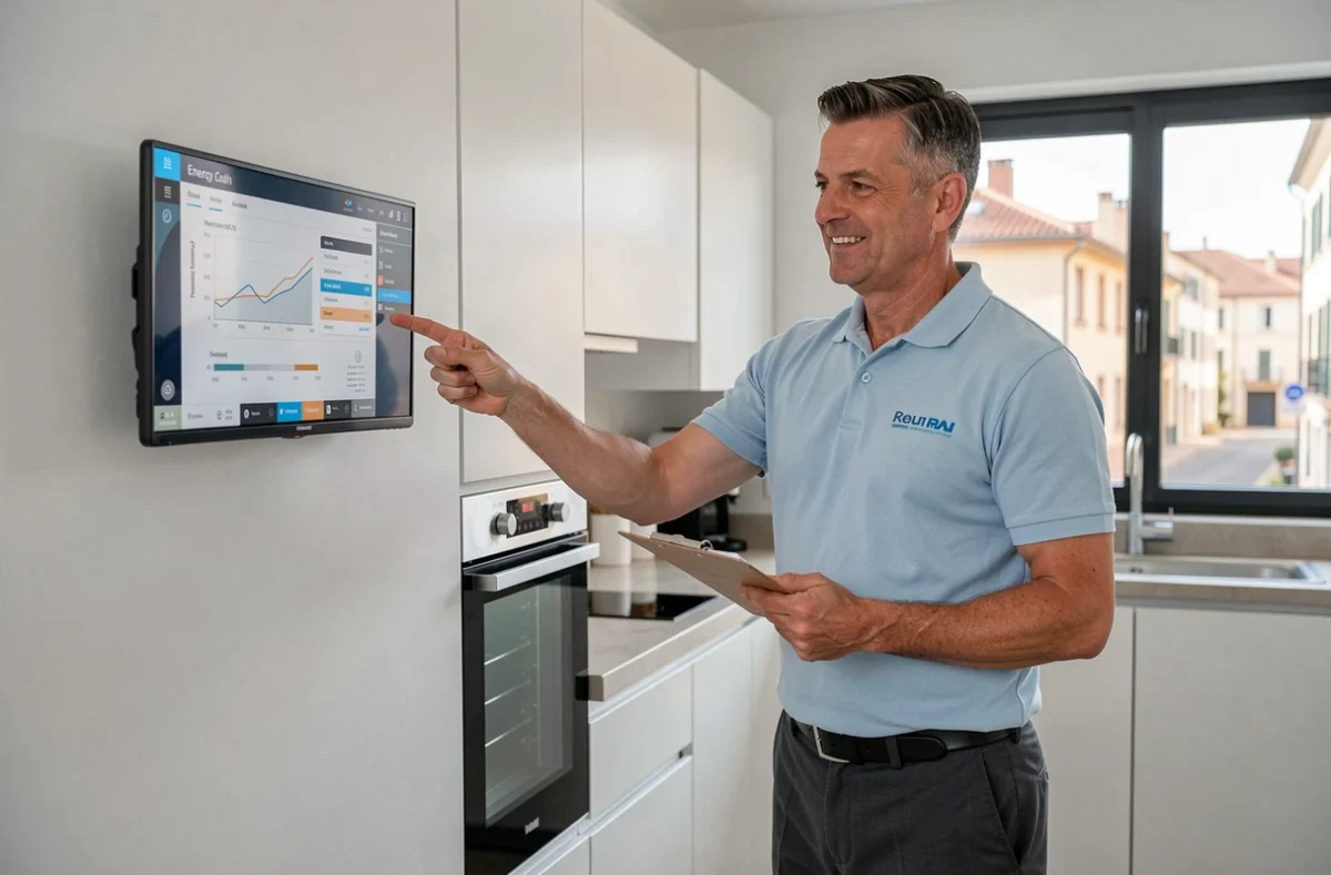 Conseiller d'Habitat Energie présentant un bilan de performance énergétique dans une maison à Pau