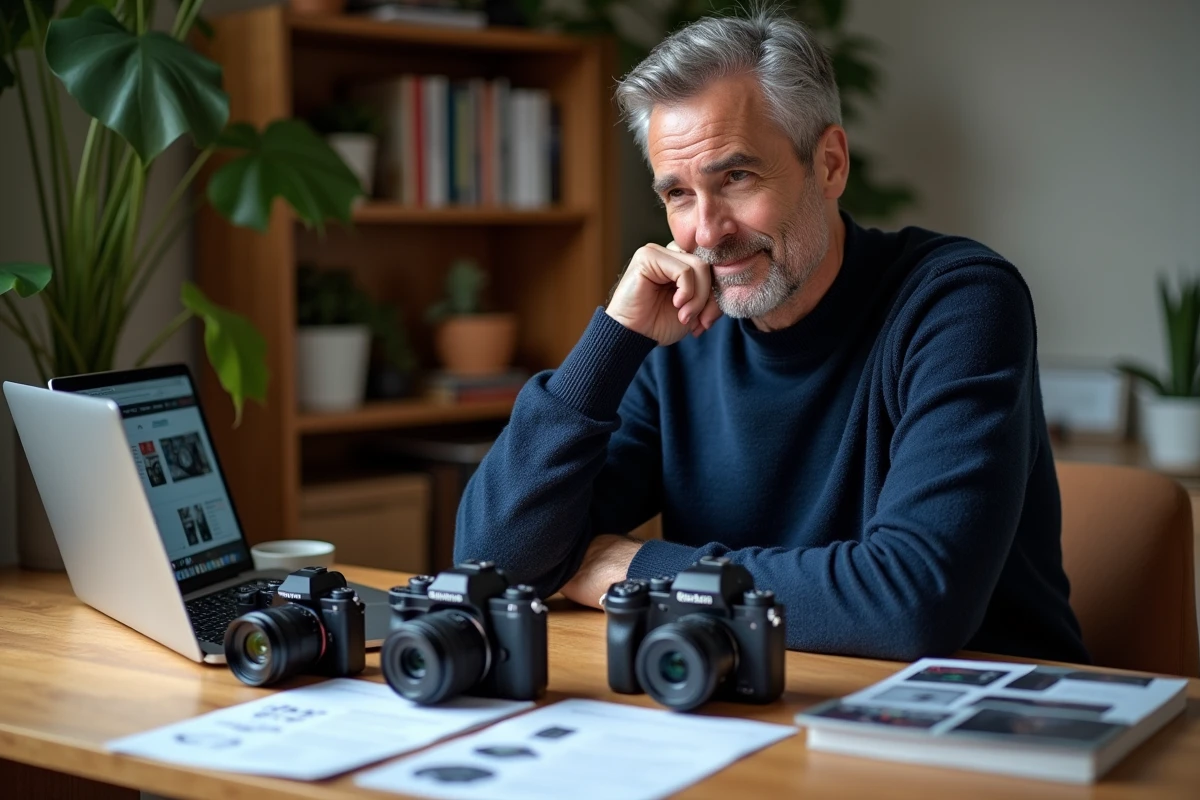 Homme analysant des fiches techniques de plusieurs appareils photo mirrorless à son bureau pour comparer les marques