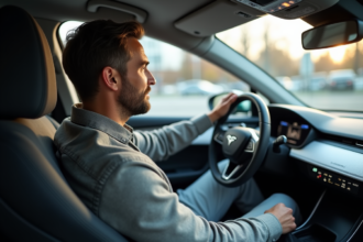 Homme détendu dans une voiture moderne avec autopilote