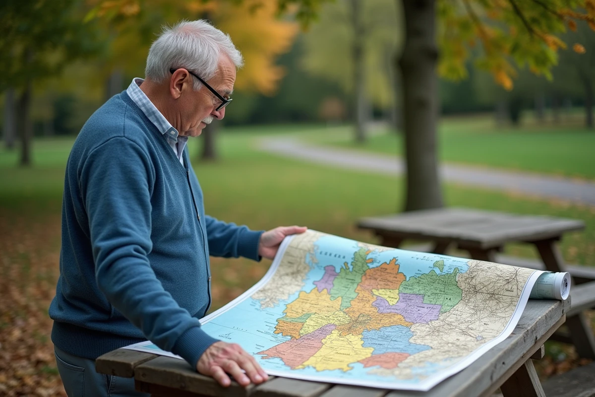 Homme âgé déployant une carte de l