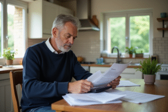 Homme concentré à gérer ses papiers fiscaux dans une cuisine moderne
