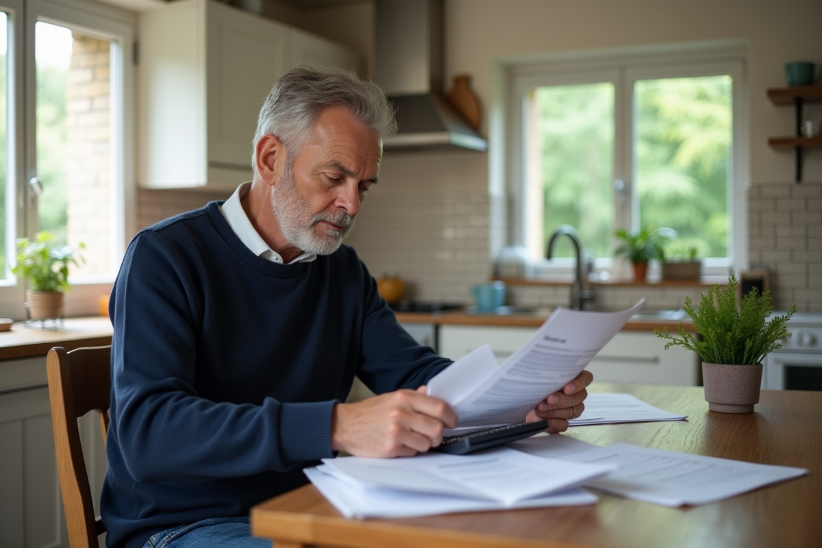 Homme concentré à gérer ses papiers fiscaux dans une cuisine moderne