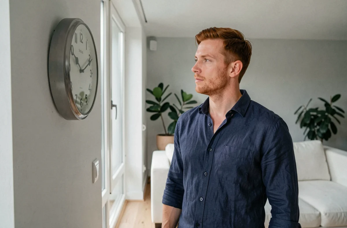 Homme observant une horloge murale indiquant 12h21 dans un appartement moderne, symbolisant la synchronicité amoureuse des heures miroirs