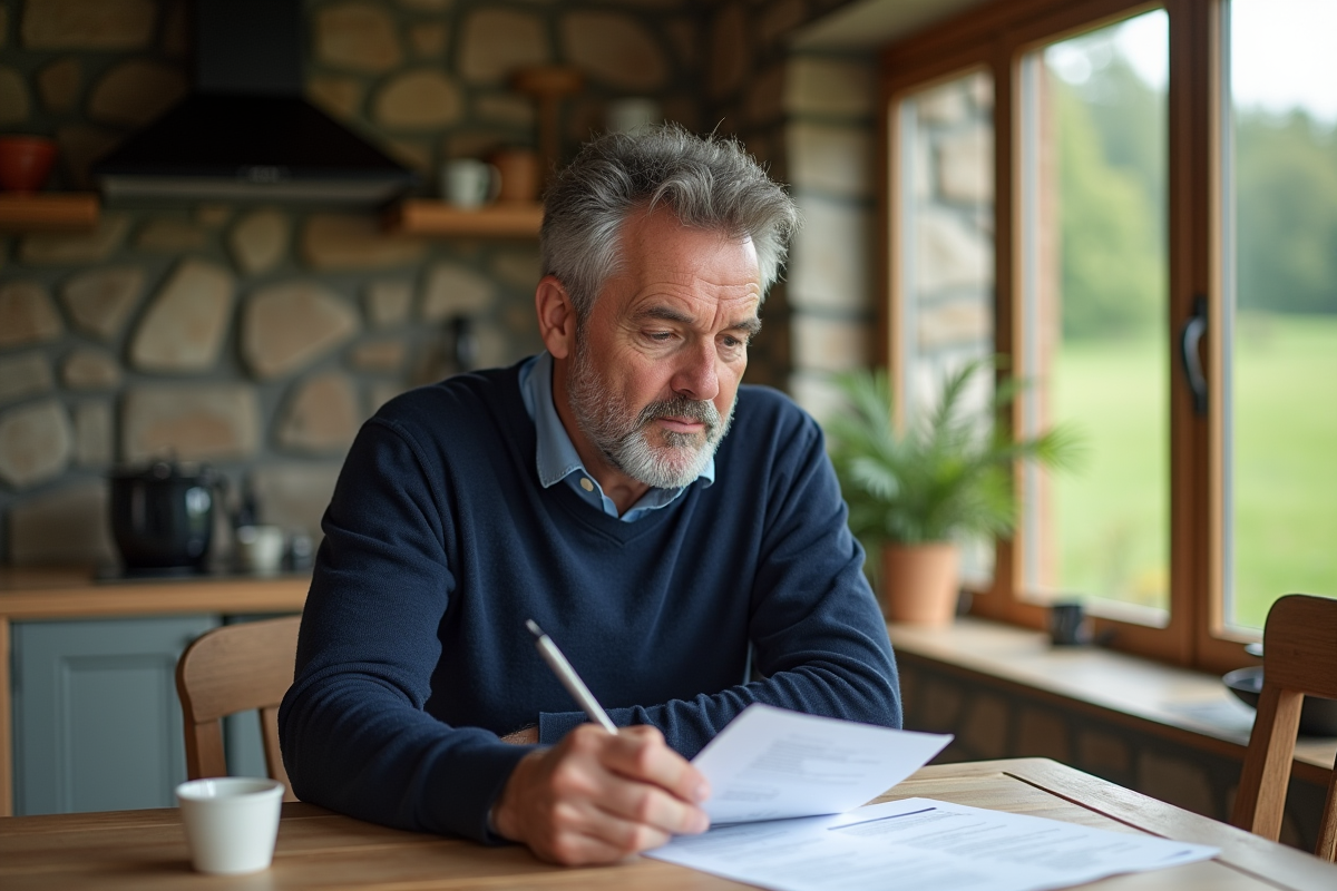Homme d'âge moyen lisant des documents dans une maison rurale