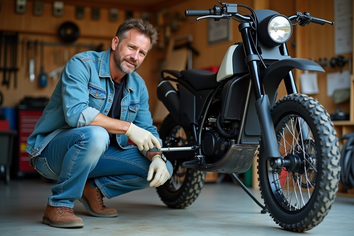 Homme d'âge moyen nettoyant sa moto électrique dans un garage