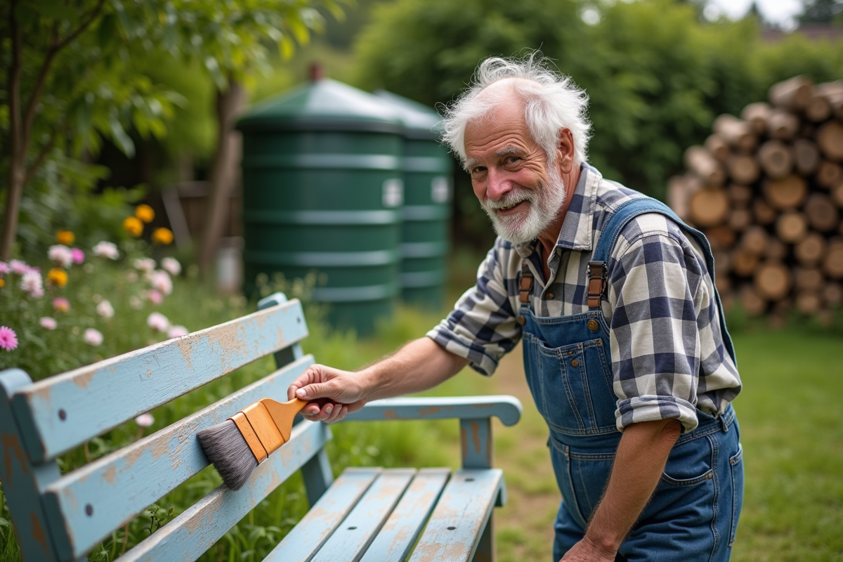 Homme appliquant de la peinture naturelle sur un banc de jardin
